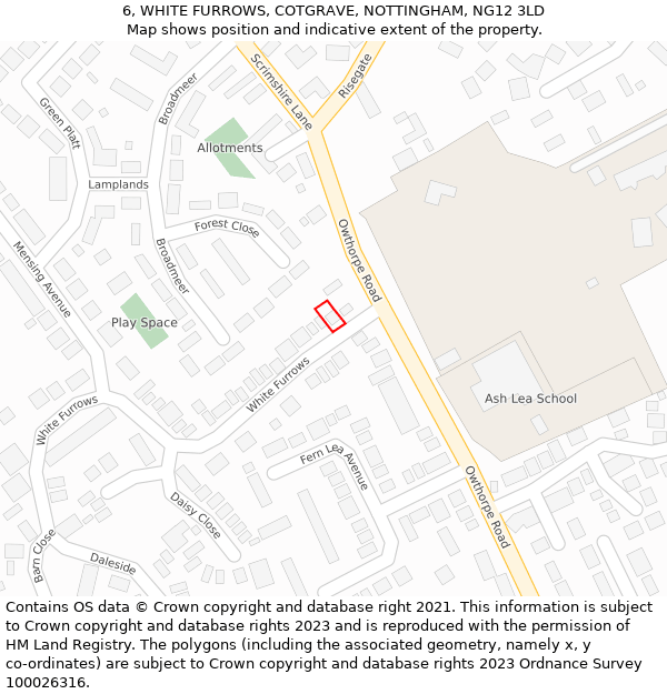 6, WHITE FURROWS, COTGRAVE, NOTTINGHAM, NG12 3LD: Location map and indicative extent of plot