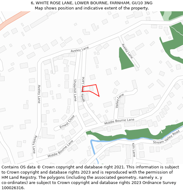 6, WHITE ROSE LANE, LOWER BOURNE, FARNHAM, GU10 3NG: Location map and indicative extent of plot