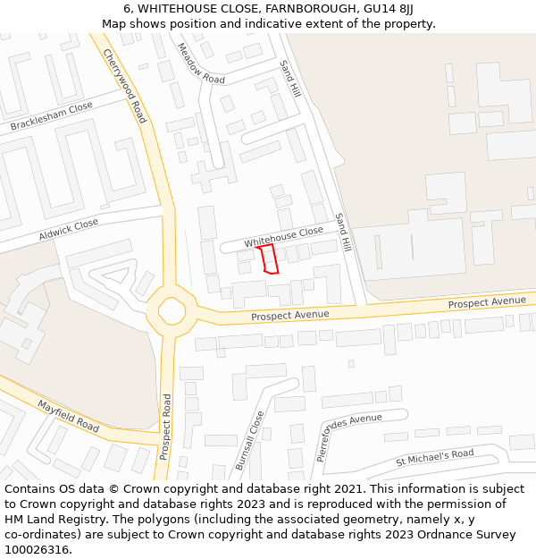 6, WHITEHOUSE CLOSE, FARNBOROUGH, GU14 8JJ: Location map and indicative extent of plot