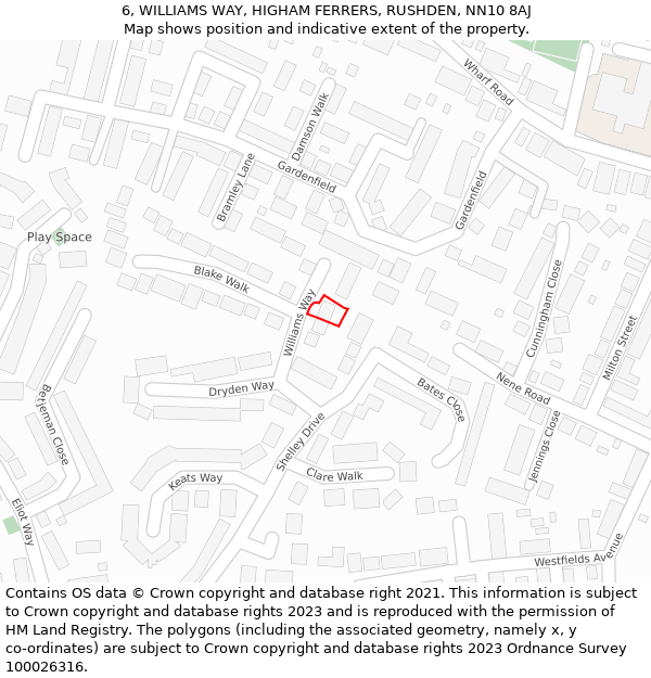 6, WILLIAMS WAY, HIGHAM FERRERS, RUSHDEN, NN10 8AJ: Location map and indicative extent of plot