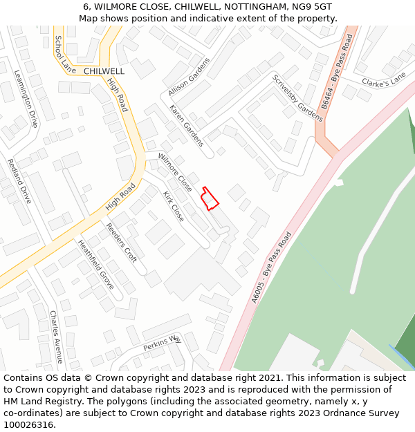 6, WILMORE CLOSE, CHILWELL, NOTTINGHAM, NG9 5GT: Location map and indicative extent of plot