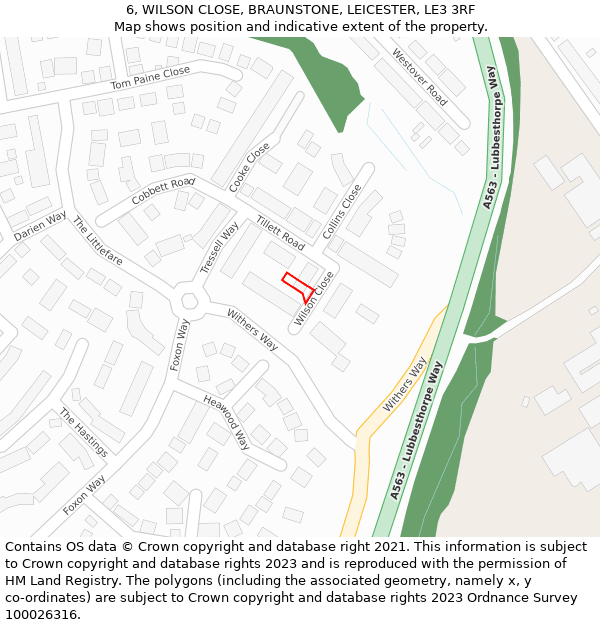 6, WILSON CLOSE, BRAUNSTONE, LEICESTER, LE3 3RF: Location map and indicative extent of plot