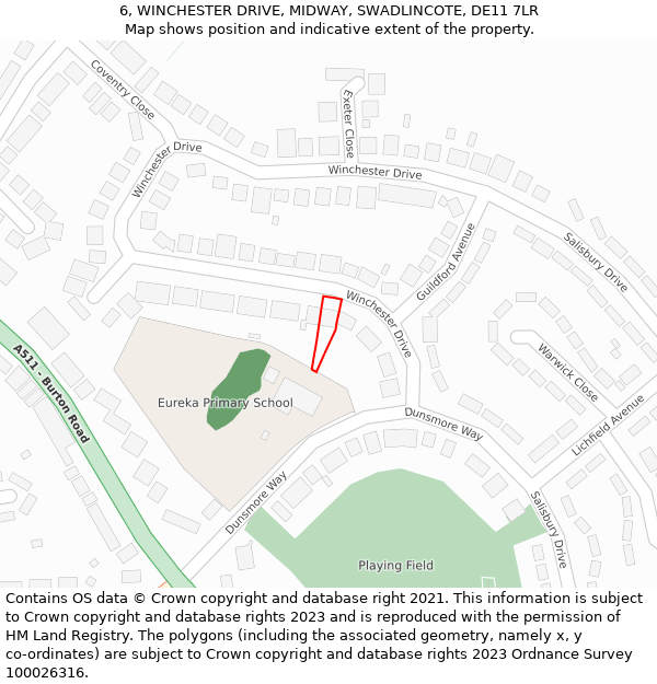 6, WINCHESTER DRIVE, MIDWAY, SWADLINCOTE, DE11 7LR: Location map and indicative extent of plot