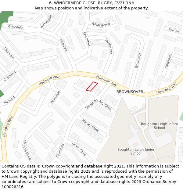 6, WINDERMERE CLOSE, RUGBY, CV21 1NA: Location map and indicative extent of plot