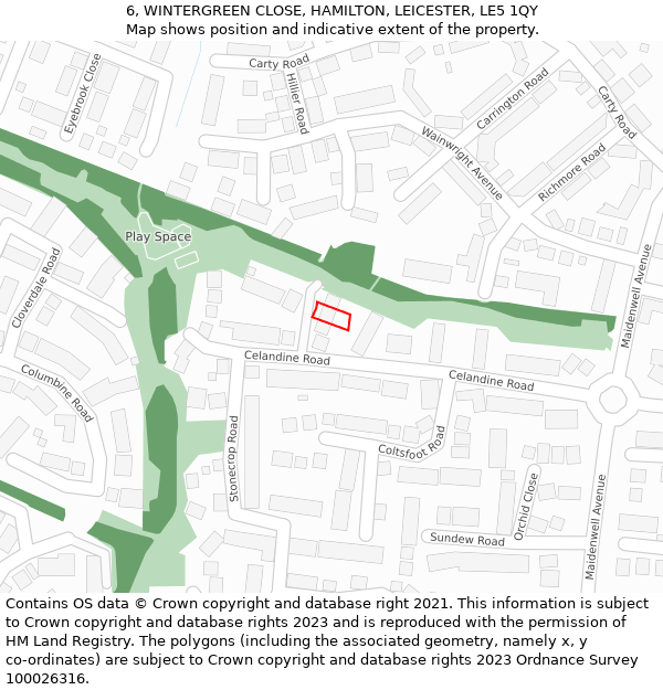 6, WINTERGREEN CLOSE, HAMILTON, LEICESTER, LE5 1QY: Location map and indicative extent of plot