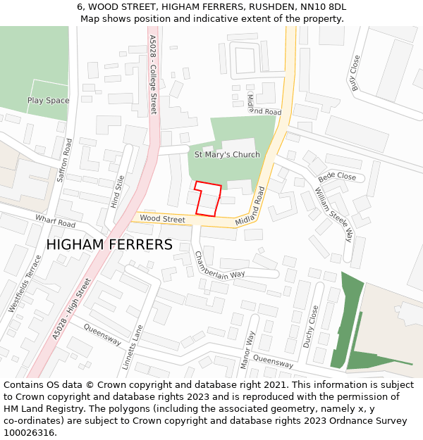 6, WOOD STREET, HIGHAM FERRERS, RUSHDEN, NN10 8DL: Location map and indicative extent of plot