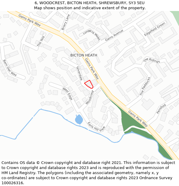 6, WOODCREST, BICTON HEATH, SHREWSBURY, SY3 5EU: Location map and indicative extent of plot