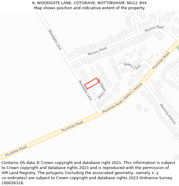 6, WOODGATE LANE, COTGRAVE, NOTTINGHAM, NG12 3HX: Location map and indicative extent of plot