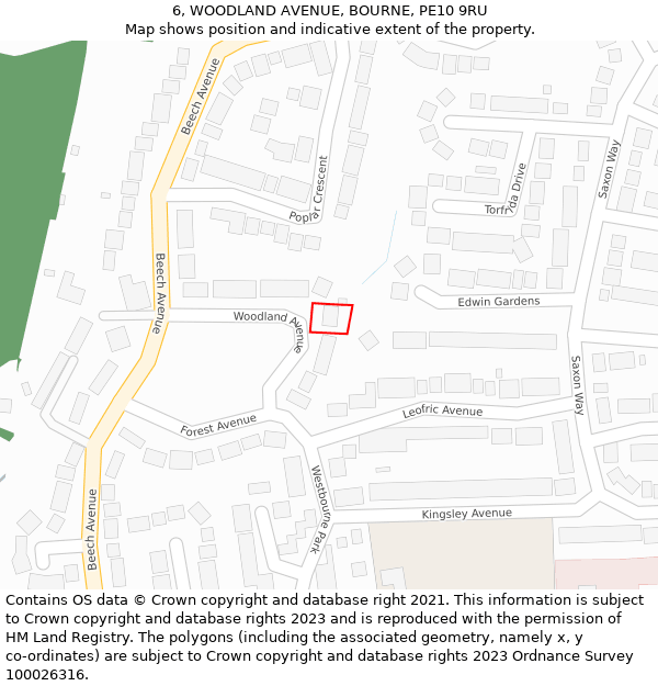 6, WOODLAND AVENUE, BOURNE, PE10 9RU: Location map and indicative extent of plot