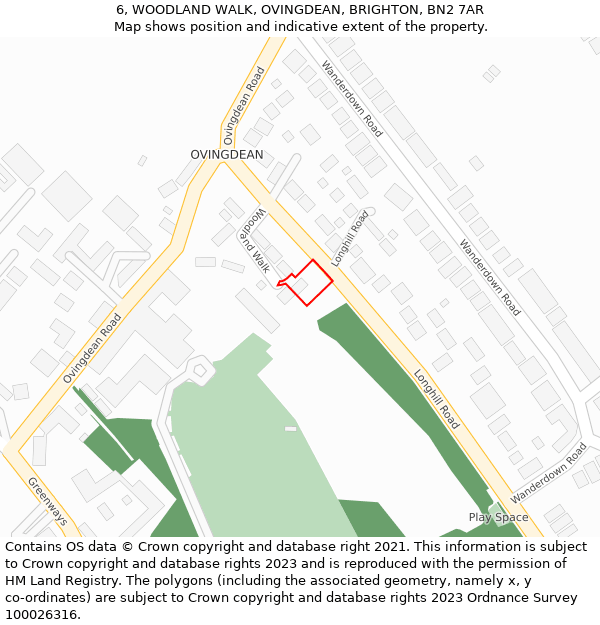 6, WOODLAND WALK, OVINGDEAN, BRIGHTON, BN2 7AR: Location map and indicative extent of plot