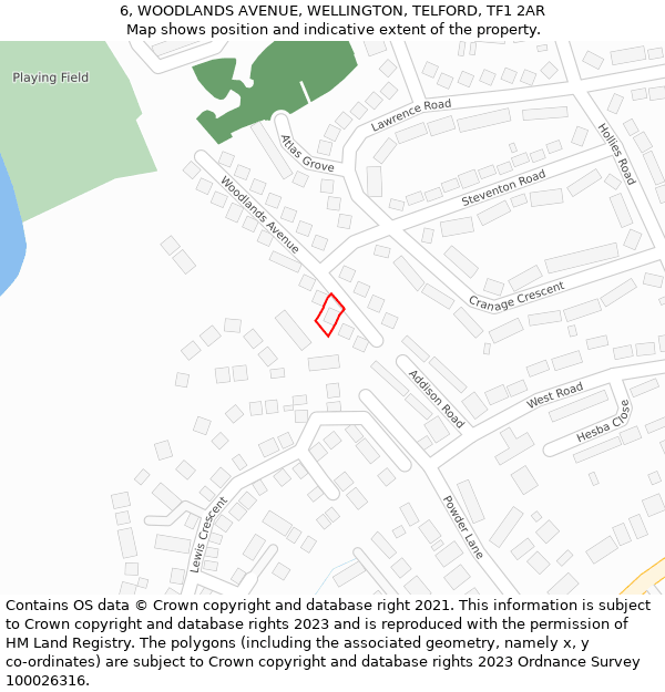 6, WOODLANDS AVENUE, WELLINGTON, TELFORD, TF1 2AR: Location map and indicative extent of plot