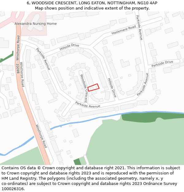 6, WOODSIDE CRESCENT, LONG EATON, NOTTINGHAM, NG10 4AP: Location map and indicative extent of plot