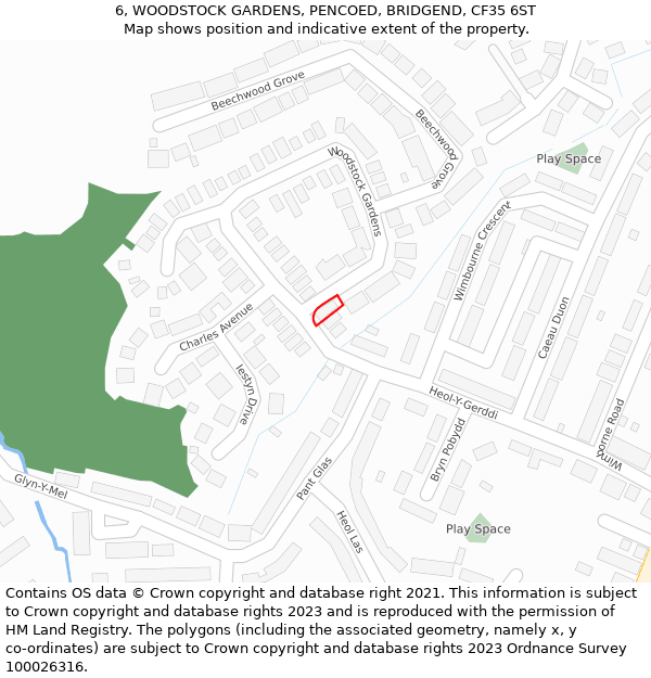 6, WOODSTOCK GARDENS, PENCOED, BRIDGEND, CF35 6ST: Location map and indicative extent of plot