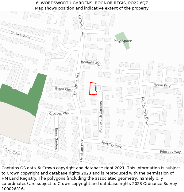 6, WORDSWORTH GARDENS, BOGNOR REGIS, PO22 6QZ: Location map and indicative extent of plot