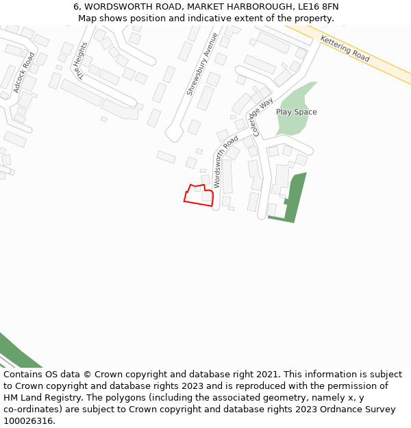 6, WORDSWORTH ROAD, MARKET HARBOROUGH, LE16 8FN: Location map and indicative extent of plot