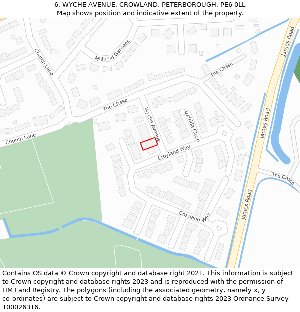 6, WYCHE AVENUE, CROWLAND, PETERBOROUGH, PE6 0LL: Location map and indicative extent of plot