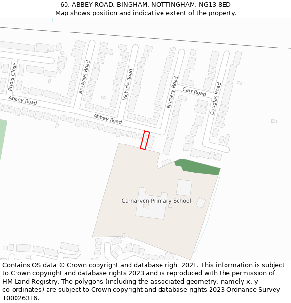 60, ABBEY ROAD, BINGHAM, NOTTINGHAM, NG13 8ED: Location map and indicative extent of plot