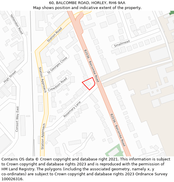 60, BALCOMBE ROAD, HORLEY, RH6 9AA: Location map and indicative extent of plot