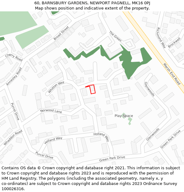 60, BARNSBURY GARDENS, NEWPORT PAGNELL, MK16 0PJ: Location map and indicative extent of plot