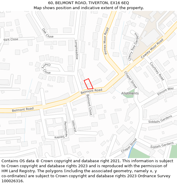 60, BELMONT ROAD, TIVERTON, EX16 6EQ: Location map and indicative extent of plot