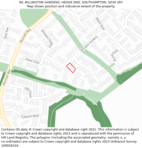 60, BILLINGTON GARDENS, HEDGE END, SOUTHAMPTON, SO30 2RY: Location map and indicative extent of plot