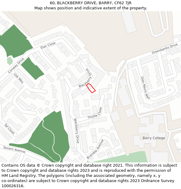 60, BLACKBERRY DRIVE, BARRY, CF62 7JR: Location map and indicative extent of plot