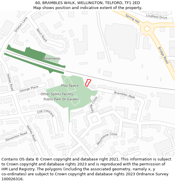 60, BRAMBLES WALK, WELLINGTON, TELFORD, TF1 2ED: Location map and indicative extent of plot