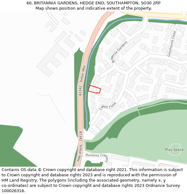 60, BRITANNIA GARDENS, HEDGE END, SOUTHAMPTON, SO30 2RP: Location map and indicative extent of plot