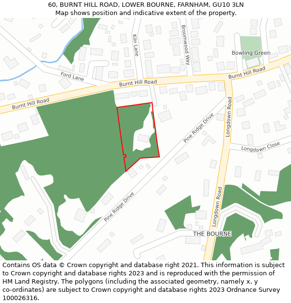 60, BURNT HILL ROAD, LOWER BOURNE, FARNHAM, GU10 3LN: Location map and indicative extent of plot