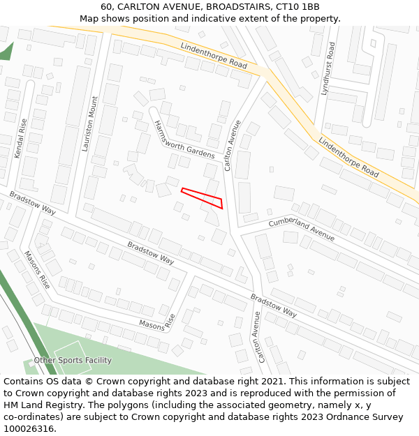 60, CARLTON AVENUE, BROADSTAIRS, CT10 1BB: Location map and indicative extent of plot