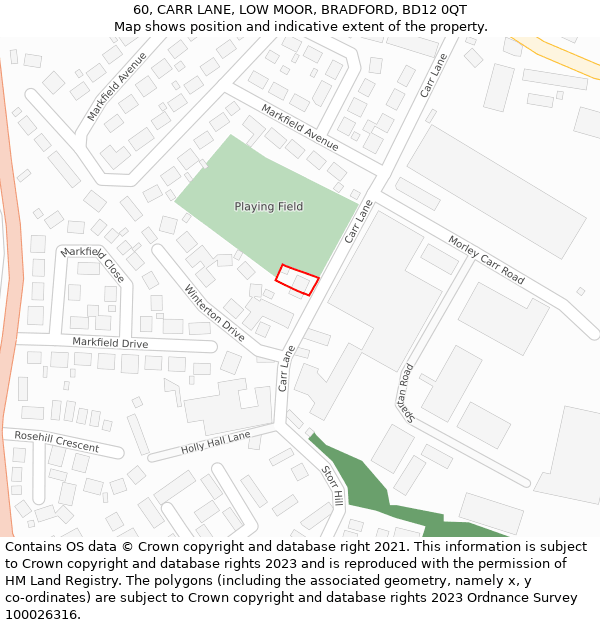 60, CARR LANE, LOW MOOR, BRADFORD, BD12 0QT: Location map and indicative extent of plot