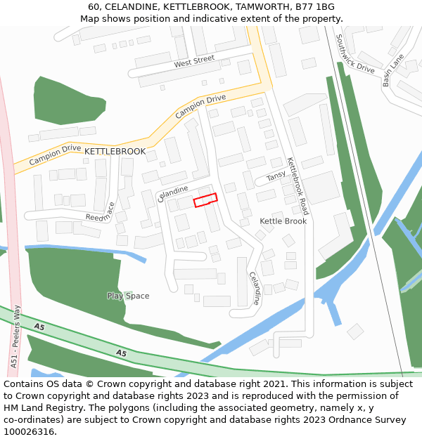 60, CELANDINE, KETTLEBROOK, TAMWORTH, B77 1BG: Location map and indicative extent of plot