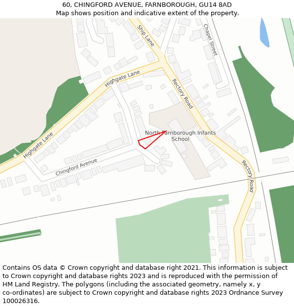 60, CHINGFORD AVENUE, FARNBOROUGH, GU14 8AD: Location map and indicative extent of plot