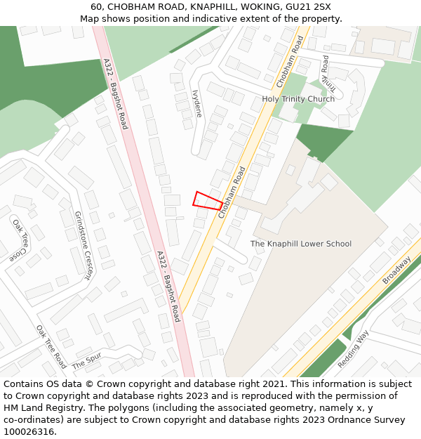 60, CHOBHAM ROAD, KNAPHILL, WOKING, GU21 2SX: Location map and indicative extent of plot