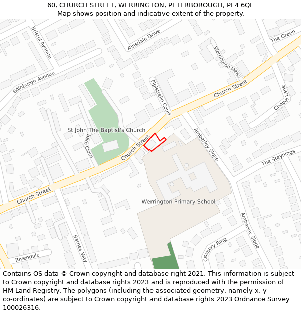 60, CHURCH STREET, WERRINGTON, PETERBOROUGH, PE4 6QE: Location map and indicative extent of plot