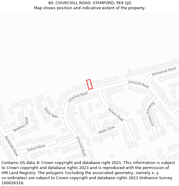 60, CHURCHILL ROAD, STAMFORD, PE9 1JG: Location map and indicative extent of plot