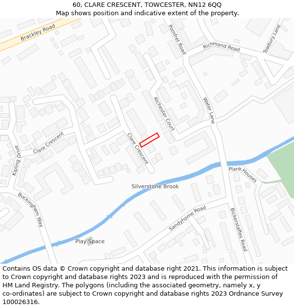 60, CLARE CRESCENT, TOWCESTER, NN12 6QQ: Location map and indicative extent of plot