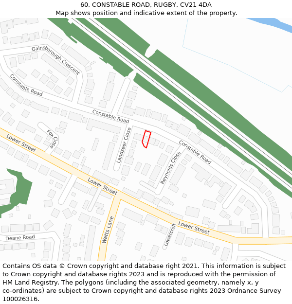 60, CONSTABLE ROAD, RUGBY, CV21 4DA: Location map and indicative extent of plot