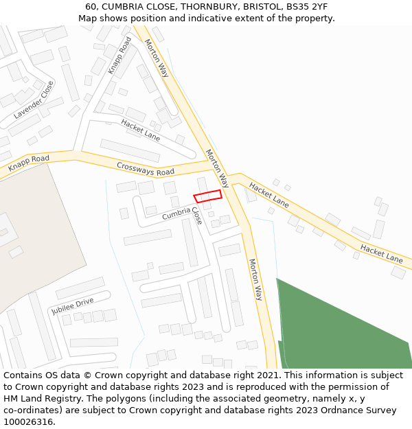 60, CUMBRIA CLOSE, THORNBURY, BRISTOL, BS35 2YF: Location map and indicative extent of plot