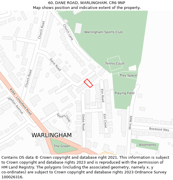 60, DANE ROAD, WARLINGHAM, CR6 9NP: Location map and indicative extent of plot