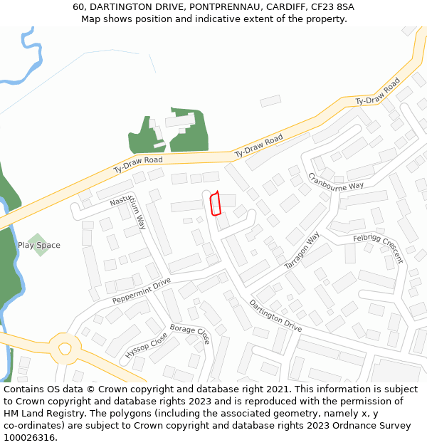 60, DARTINGTON DRIVE, PONTPRENNAU, CARDIFF, CF23 8SA: Location map and indicative extent of plot