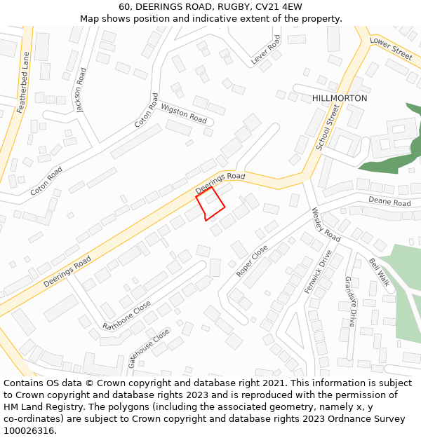 60, DEERINGS ROAD, RUGBY, CV21 4EW: Location map and indicative extent of plot