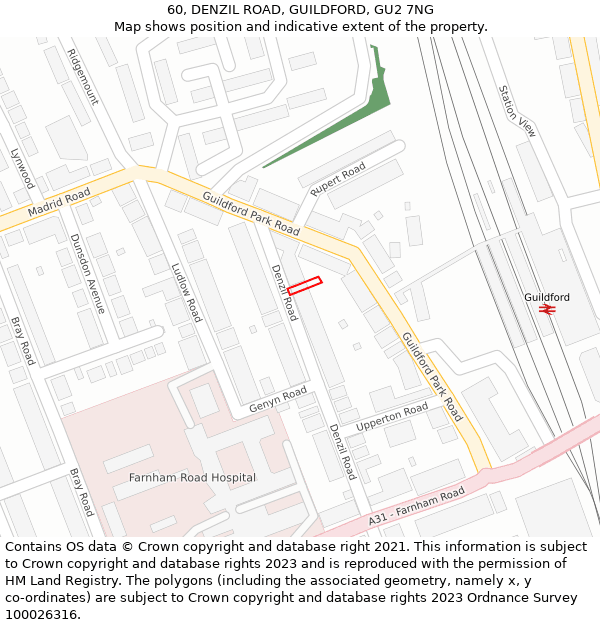 60, DENZIL ROAD, GUILDFORD, GU2 7NG: Location map and indicative extent of plot