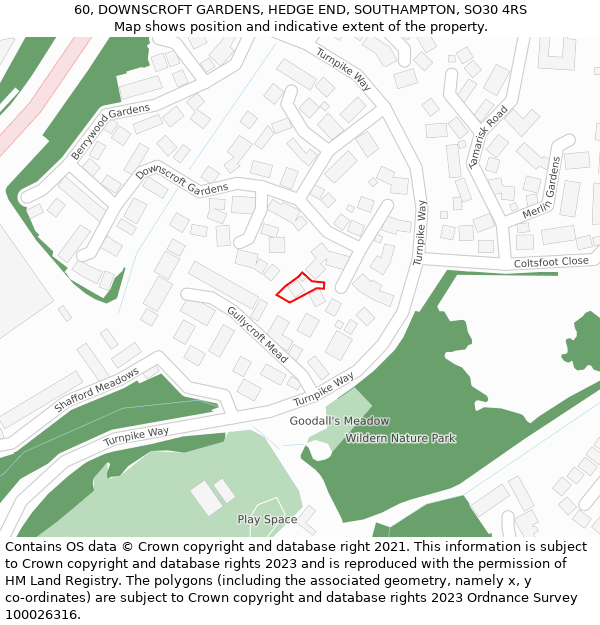 60, DOWNSCROFT GARDENS, HEDGE END, SOUTHAMPTON, SO30 4RS: Location map and indicative extent of plot