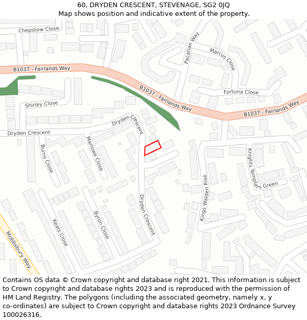 60, DRYDEN CRESCENT, STEVENAGE, SG2 0JQ: Location map and indicative extent of plot