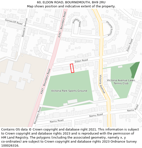 60, ELDON ROAD, BOURNEMOUTH, BH9 2RU: Location map and indicative extent of plot