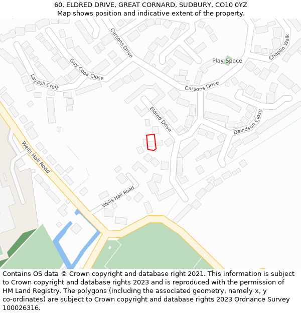 60, ELDRED DRIVE, GREAT CORNARD, SUDBURY, CO10 0YZ: Location map and indicative extent of plot