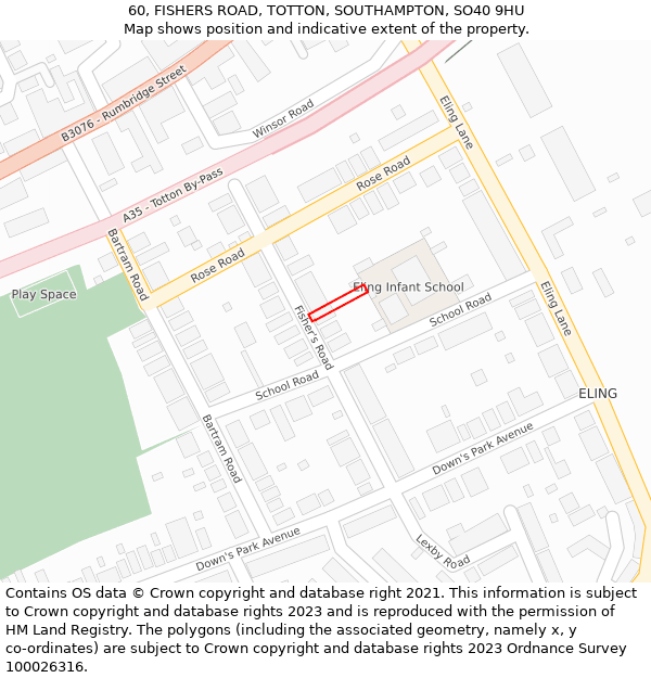 60, FISHERS ROAD, TOTTON, SOUTHAMPTON, SO40 9HU: Location map and indicative extent of plot