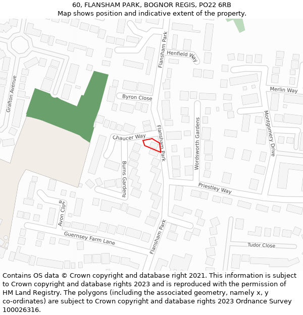 60, FLANSHAM PARK, BOGNOR REGIS, PO22 6RB: Location map and indicative extent of plot
