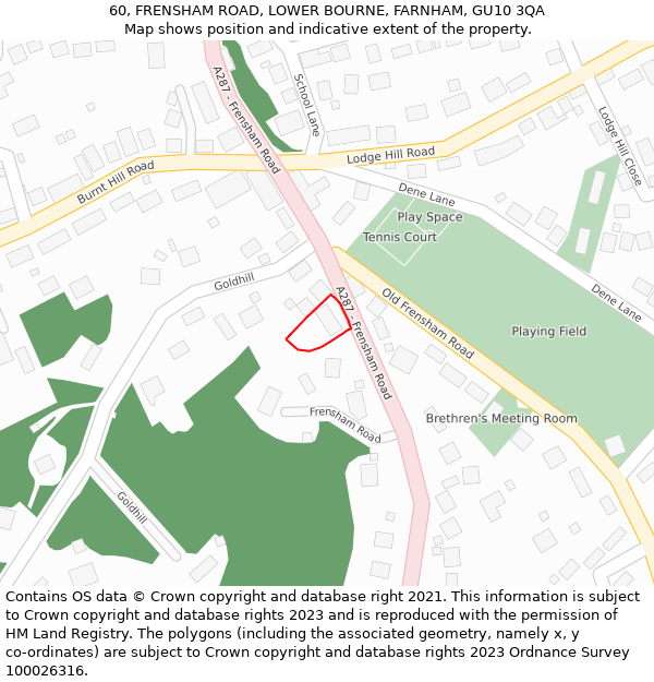 60, FRENSHAM ROAD, LOWER BOURNE, FARNHAM, GU10 3QA: Location map and indicative extent of plot